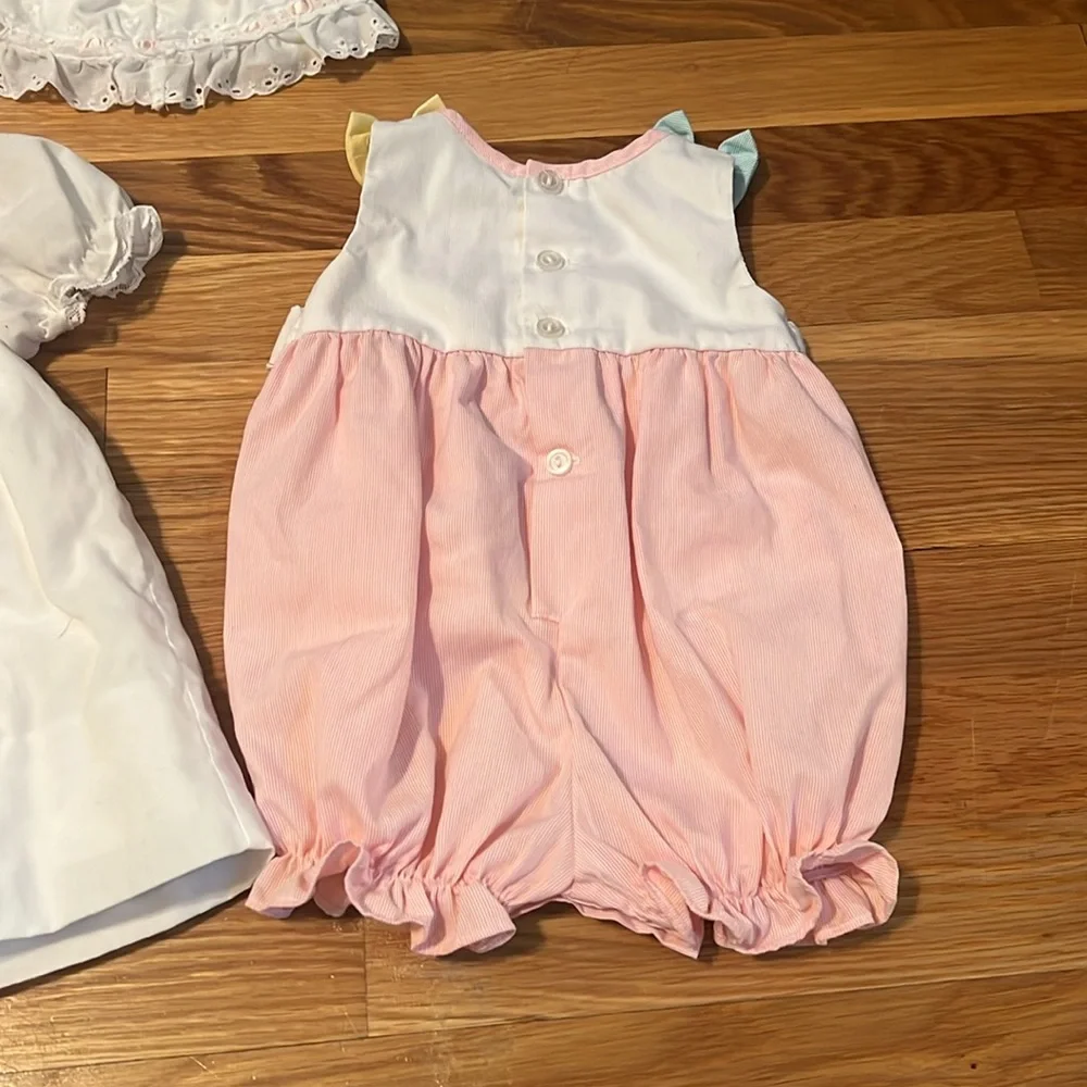 Baby Sarah Louise smocked White‎ Dress (6months), Pink butterfly Romper, and hat